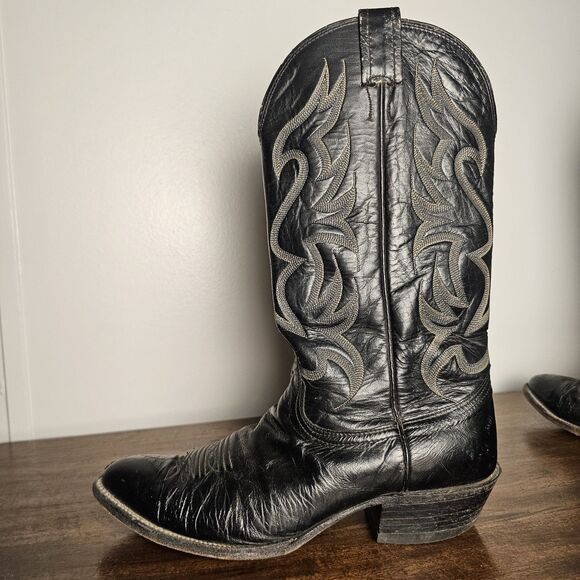 Nocona Men\'s Black Leather Cowboy Boots Size 10D, USA, Western, Red Stitching main image 7